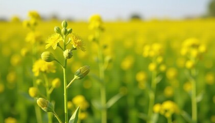 Obraz premium Unripened cumin plants with green pods and yellow flowers in a dry Egyptian field , crops, yellow