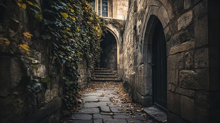 Fototapeta premium A Stone Alleyway Surrounded by Walls and Overgrown with Vegetation