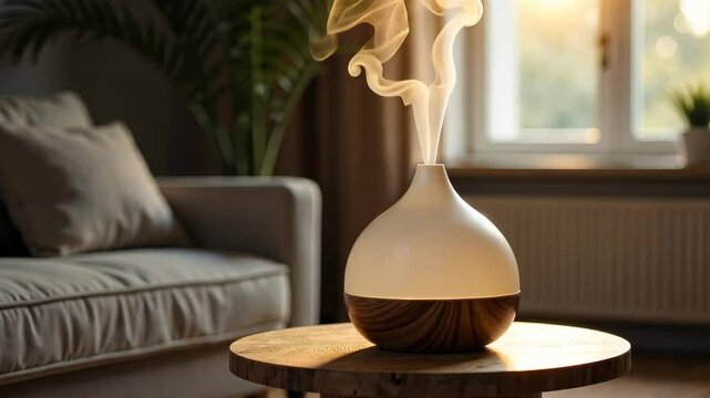 Aromatherapy diffuser releasing mist on rustic wooden table in cozy living room, soft natural lighting, concept of home relaxation and wellness