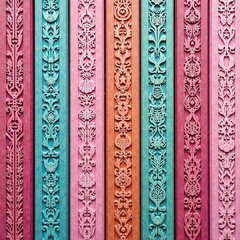 Vertical wooden boards with intricate carvings on a pink wooden planks background, wood grain pattern , vertical boards
