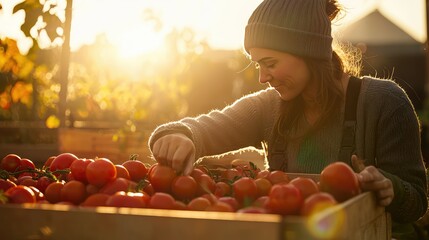 A serene autumn scene with a woman farmer, carefully sorting tomatoes and placing them into a box as the eco farm is bathed in warm sunlight.