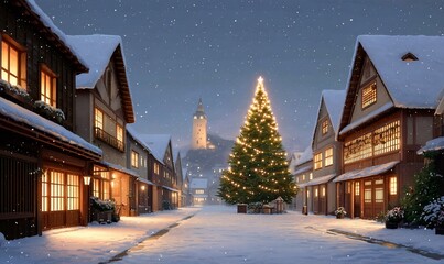 Snowy town square glows with holiday cheer