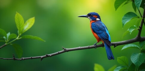 Obraz premium Vibrant bird perched on a slender branch amidst lush foliage , wings, birds