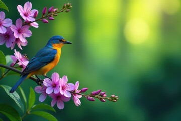 Obraz premium Vibrant bird perched on a branch with blooming purple flowers in a lush green forest, foliage, tree