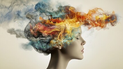 Abstract brain artwork exploding with colors and swirling imagination elements
