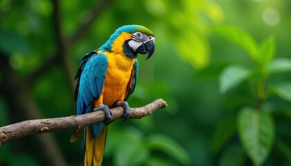 Fototapeta premium Vibrant blue and yellow parrot resting on a curved branch with lush foliage, branch, blue