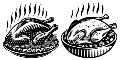 Delicious roasted chicken with mushrooms and garlic served in a rustic bowl on a wooden table