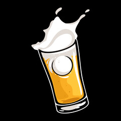 Beer glass with ping pong ball. Beer cup with foam splash vector illustration