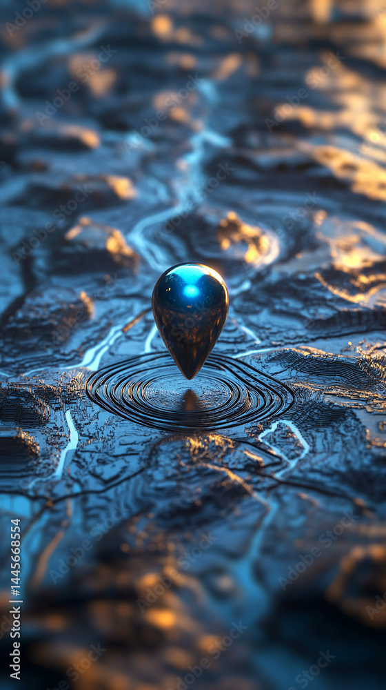 Poster metallic blue teardrop shape on textured dark blue surface, creating ripples. symbolizes location, n