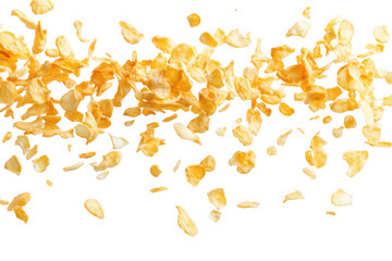 A vibrant scattering of crisp potato chips on a white background, showcasing their golden hue.