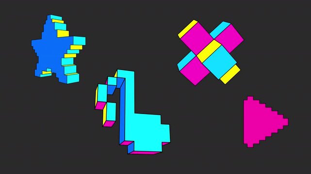 Set of four pixel voxel 3D cartoon rotating animations. Cross, note, star, play button on a transparent alpha channel. Seamless loop.	