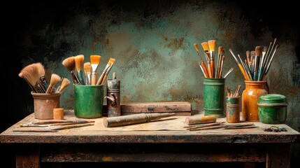 Artistic composition of brushes and cylinders in subdued tones on stone-textured wall background