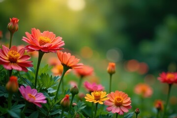 Vibrant flowers blooming in a lush garden with greenery and colorful foliage , garden, vibrant flowers
