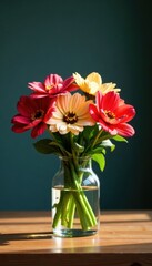 Vibrant flowers in a glass vase on a wooden table, flowers, bouquet