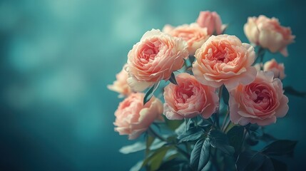 Close Up of Pastel Pink Roses with Green Leaves Against Teal Background in Soft Focus Studio Lighting
