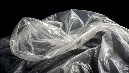 A close-up photograph of crumpled and creased clear plastic wrap against a black background