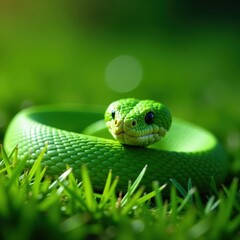 Fototapeta premium Vibrant green snake coiled in grass, showcasing its intricate scales , wildlife, green snake