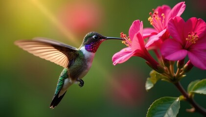 Vibrant hummingbird alighting on honeysuckle petals, spring, birds