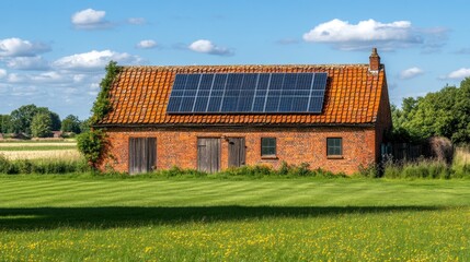 Obraz premium Brick building with solar panels on the roof in a green field