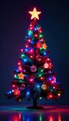 Vibrant neon Christmas tree with multicolored lights and ornaments, decorations, lights