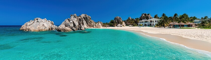 Fototapeta premium Beautiful tropical beach scene with ocean and large rock formations