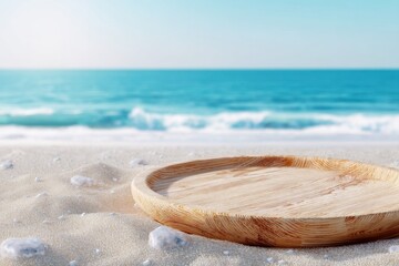 Empty Wooden Plate on Sandy Beach with Turquoise Sea and Blue Sky, Natural Summer Background for Food, Product Display, or Mockup