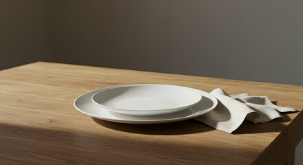 Empty white plate and dish mockup on wooden table with linen napkin in minimalist dining room interior design