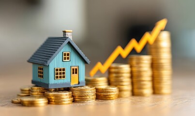 A small house on coin stacks with an upward arrow represents rising property values and real estate investment growth.