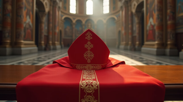 Red bishop mitre and vestment placed on a wooden table inside a grand church, symbolizing preparation before the papal conclave.