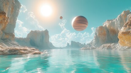 A tranquil alien lake nestled amidst otherworldly cliffs and floating celestial bodies. A serene and vibrant vista of an exotic landscape