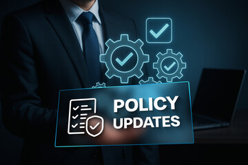 Policy updates concept, business professional interacting with digital policy and checklist, business compliance, data security, and process improvements