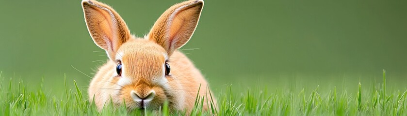 Obraz premium A cute fluffy brown rabbit peeking out from green grass