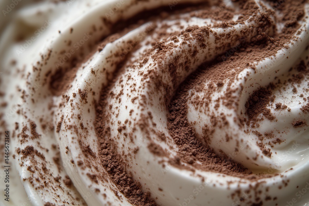 Poster close-up of creamy, white frosting with a dusting of brown powder for texture and flavor enhancement