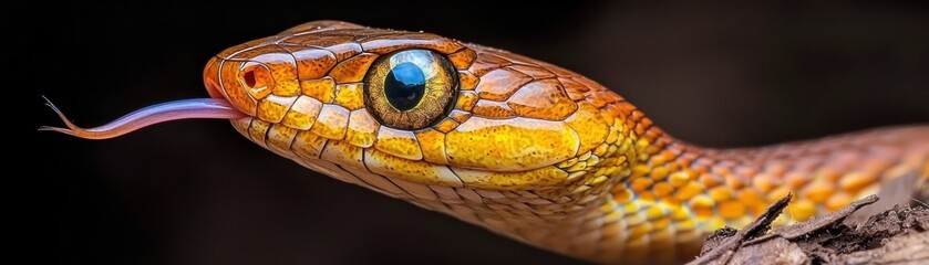 Fototapeta premium Detailed close up portrait of a colorful snake showing tongue