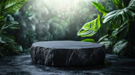 Dark Stone Platform Amid Lush Green Tropical Foliage
