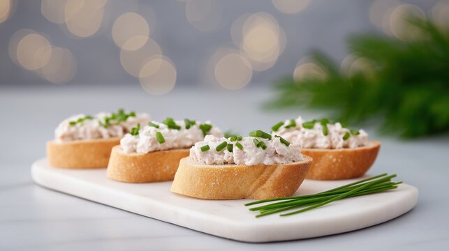 Baguette slices topped with fresh tuna cream cheese and chopped chives on a marble board arranged for a festive dining experience.