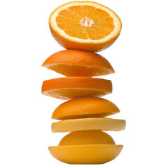 Stack of orange slices showcases vibrant colors and juicy textures, creating fresh and appetizing display. arrangement highlights fruit natural beauty and appeal