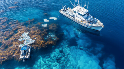 Aerial view showcasing fishing boats navigating through vibrant blue waters near seaweed