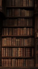 Full bookcase of antique brown books, richly detailed spines, showcasing knowledge, history, and classic literature, ideal for educational or historical concepts Full bookcase of antique brown books, richly detailed spines, showcasing knowledge, history, and classic literature, ideal for educational or historical concepts
