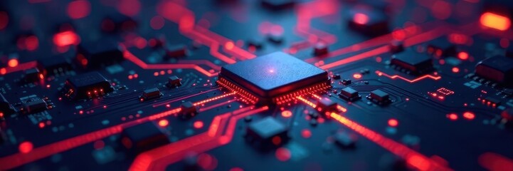 Abstract circuit board, glowing nodes showing iterative growth , self-improvement, algorithm