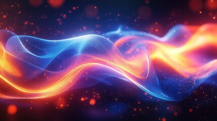 Obraz premium Abstract flowing energy waves in vibrant blue and orange. Particles and light effects create a dynamic, ethereal scene