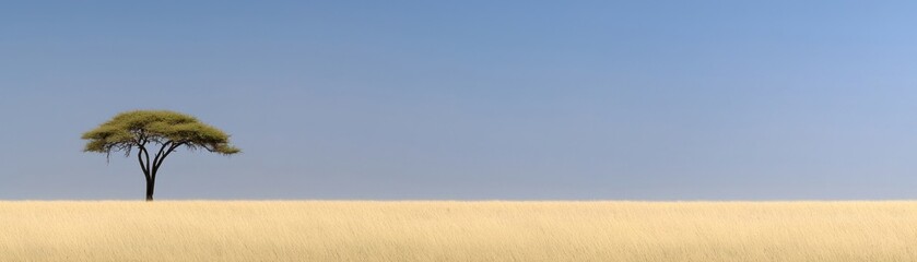 Fototapeta premium A solitary tree stands in the golden grass field beneath blue skies
