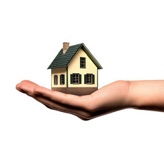 Hand holding a small model house with detailed architecture including chimney and roof, representing real estate, homeownership, or property concepts