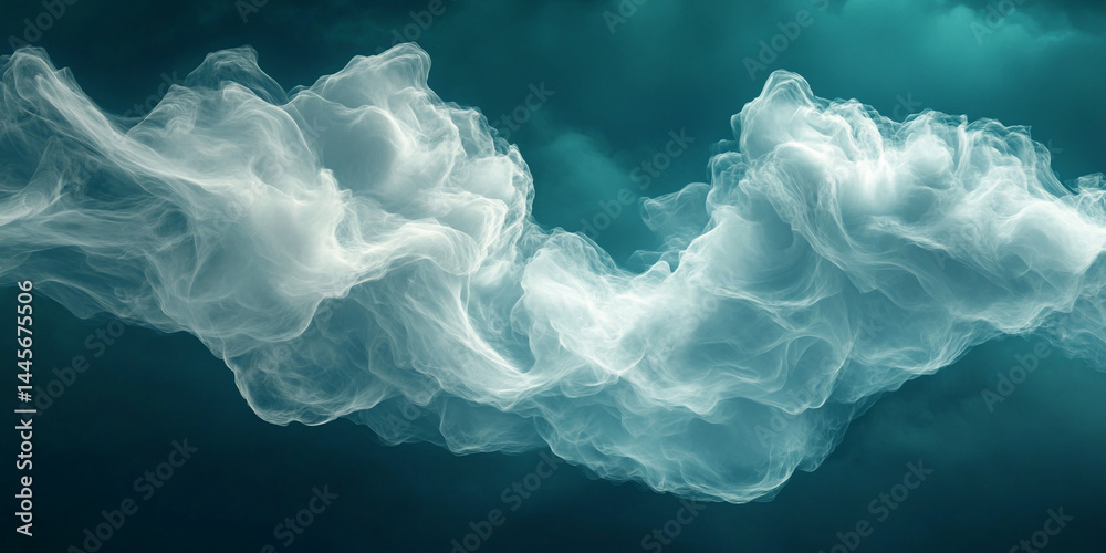 Poster white translucent cloud-like forms on teal background, suggesting ethereal lightness and serenity, i