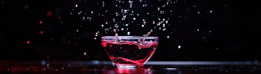 Water droplets splash into a glass bowl filled with liquid