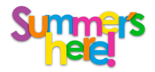 SUMMER'S HERE! colorful typography banner on transparent background