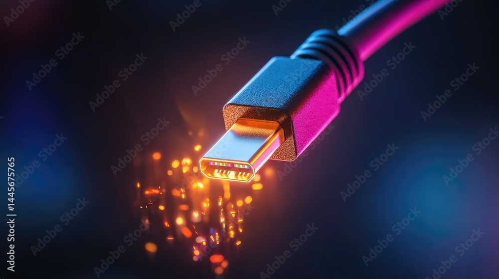 Poster macro view of illuminated usb-c cable hovering over a black void, tech minimalism and power symbol