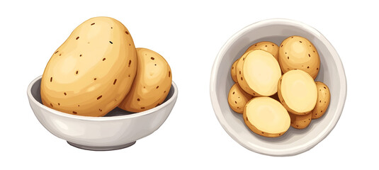 Fototapeta premium Illustration of potatoes bowl and sliced potatoes dish, showcasing freshness,cut out