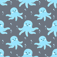 Cute octopus and sea creature seamless pattern with shells, seaweed, and bubbles. Kawaii design ideal for baby products, wallpapers, and wrapping paper