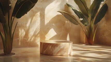 Beige Marble Podium with Tropical Plants and Sunlight Shadows